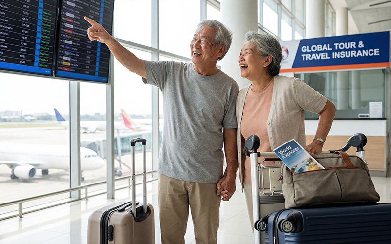 Senior couple with luggage looking at airport flight board.